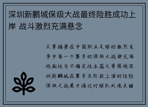 深圳新鹏城保级大战最终险胜成功上岸 战斗激烈充满悬念 深圳新鹏城保级大战最终险胜成功上岸 战斗激烈充满悬念